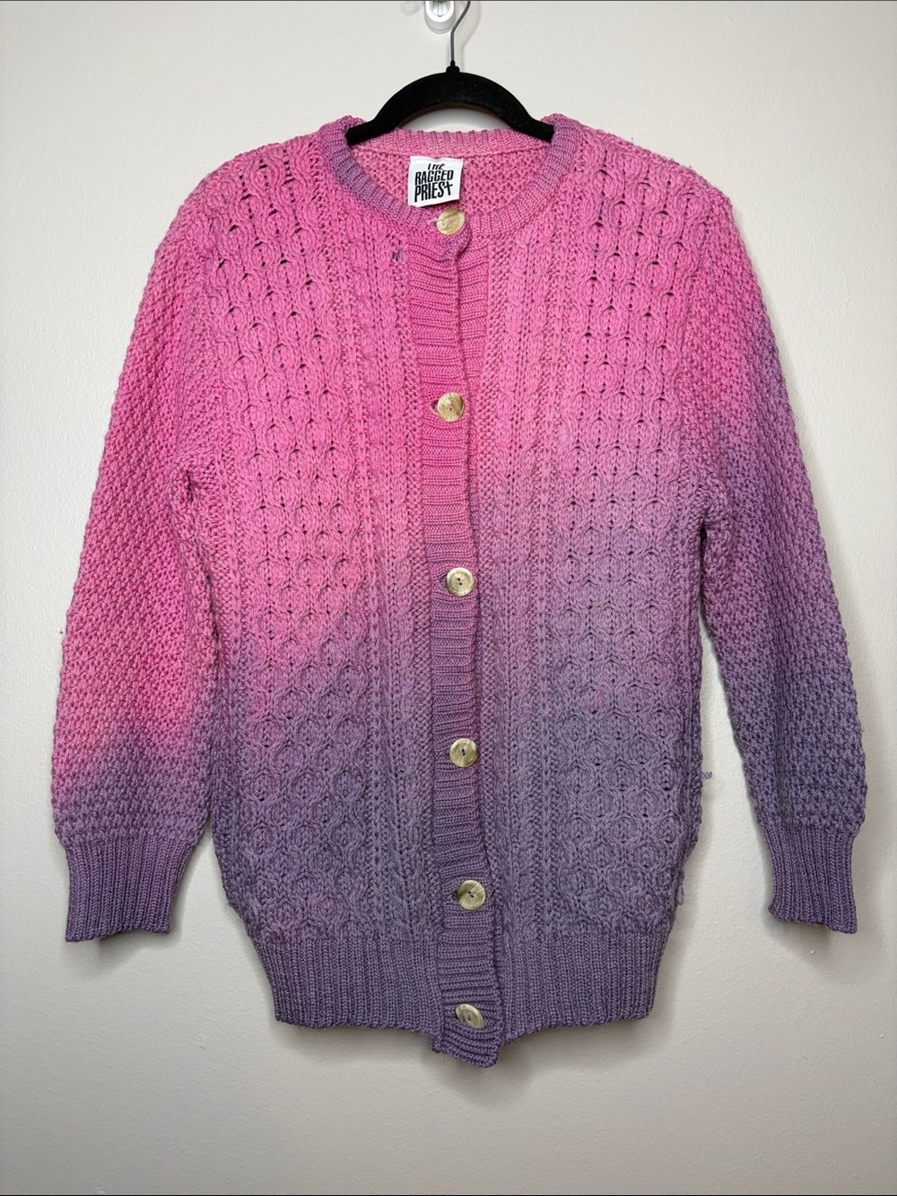 The Ragged Priest 100% Wool Pink Purple Ombre Cable Knit Cardigan UK Made